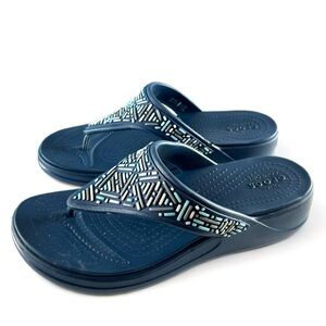 CROCS Dual Comfort Monterey BeadedNavy Blue Wedge Flip Flop Sandal Size 10 New